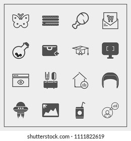 Modern, simple vector icon set with freelance, drink, cheeseburger, dinner, picture, web, nature, spaceship, fly, butterfly, property, snack, food, insect, space, frame, sandwich, spoon, estate icons