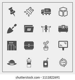 Modern, simple vector icon set with street, movie, cube, road, support, tool, banner, video, lift, help, screen, broom, hat, projector, cleaner, elevator, modern, map, office, sign, investment icons