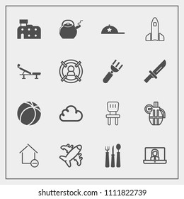 Modern, simple vector icon set with science, game, city, shuttle, architecture, military, video, fork, call, travel, weapon, sport, cloud, soccer, property, ball, apartment, house, room, cap icons