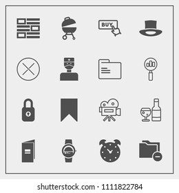 Modern, simple vector icon set with document, news, buy, lock, watch, security, movie, bookmark, red, folder, clock, video, hat, close, web, wine, internet, grill, food, business, tripod, camera icons
