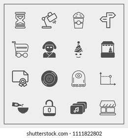 Modern, simple vector icon set with car, certificate, file, sand, tire, drink, lamp, table, white, character, frame, wine, timer, auto, dinner, lock, open, hour, music, clock, cartoon, time, cup icons