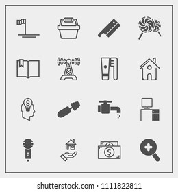 Modern, simple vector icon set with white, concept, axe, home, bathroom, mexico, faucet, song, work, beach, mascara, tap, idea, sink, lollipop, fashion, cash, estate, microphone, baja, store icons