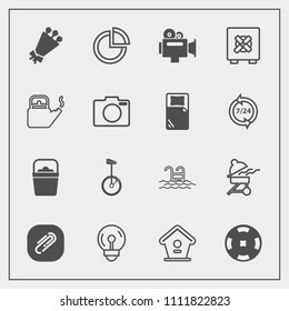 Modern, simple vector icon set with casino, bbq, birdhouse, circus, energy, grill, summer, home, graph, video, bucket, pool, handle, bike, light, paperclip, chart, camera, pie, electricity, clip icons