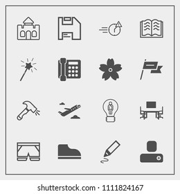 Modern, simple vector icon set with person, shorts, architecture, building, magic, footwear, white, fashion, construction, business, departure, template, stationery, work, contact, office, page icons