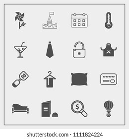 Modern, simple vector icon set with web, book, spatula, couch, bed, castle, room, parachuting, parachute, credit, building, floral, concept, timetable, tower, blossom, money, kitchen, hanger icons