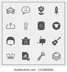Modern, simple vector icon set with flipper, summer, rocket, musical, house, sign, belt, underwater, taxi, white, nature, equipment, vehicle, information, sea, data, mail, real, business, box icons