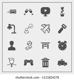 Modern, simple vector icon set with game, gold, garbage, drink, alcohol, car, hour, travel, torii, package, glass, road, shrine, profile, waste, wine, time, japan, sign, cargo, trash, delivery icons