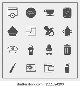 Modern, simple vector icon set with kitchen, concept, cafe, online, replace, business, game, change, office, captain, doughnut, website, cup, cap, can, poker, communication, beverage, trash, hat icons