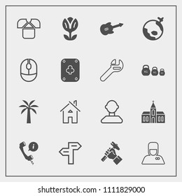 Modern, simple vector icon set with arrow, uniform, floral, tshirt, direction, white, music, architecture, headset, building, flight, construction, musical, foreman, spring, , call, hospitality icons
