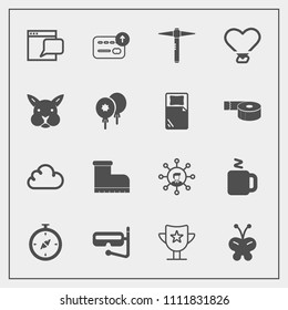 Modern, simple vector icon set with hammer, bunny, water, cash, leather, butterfly, finance, cute, website, award, mask, prize, love, footwear, insect, drink, chat, display, nature, heart, money icons