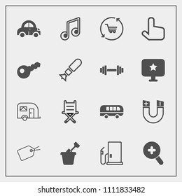 Modern, simple vector icon set with gas, traffic, sand, child, bus, speed, van, tag, music, car, road, fuel, glass, retail, transportation, armchair, seat, click, play, nuclear, pointer, pole icons