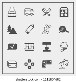 Modern, simple vector icon set with left, photographer, table, paddle, network, cloud, canoe, toy, bear, pie, internet, camera, coffee, game, machine, cake, debit, banking, bus, dessert, highway icons