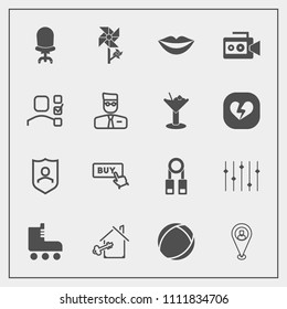 Modern, simple vector icon set with protection, sign, equipment, location, interior, security, flower, video, girl, travel, ball, fun, house, web, estate, home, chair, sport, skate, female, lips icons
