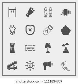 Modern, simple vector icon set with mountain, bouquet, food, display, girl, nature, female, people, phone, sky, blue, transportation, lamp, interior, ticket, communication, table, beautiful, boy icons