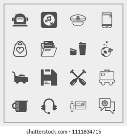 Modern, simple vector icon set with note, mower, glass, paddle, equipment, microphone, mobile, science, canoe, computer, bag, lawn, communication, music, airport, sound, speaker, touchscreen icons