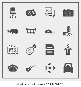 Modern, simple vector icon set with comfortable, salmon, japan, hanger, seafood, computer, vehicle, photography, radio, antenna, sushi, car, save, danger, camera, help, arrow, safety, technology icons