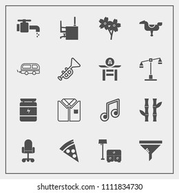 Modern, simple vector icon set with bed, plant, horse, bodybuilding, musical, cherry, lunch, nature, sink, nutrition, desk, fashion, table, fitness, pizza, office, music, health, water, asian icons
