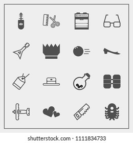 Modern, simple vector icon set with oxygen, aircraft, hammer, cap, sale, heart, alien, cylinder, space, hat, black, hair, romance, mascara, fashion, head, professional, paper, label, valentine icons