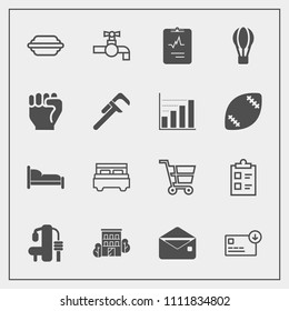 Modern, simple vector icon set with bed, tap, house, money, checklist, interior, burger, exercise, building, business, message, retail, cardiology, tick, trolley, real, finance, fitness, sink icons