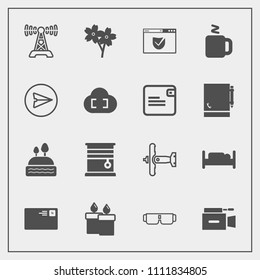Modern, simple vector icon set with radio, decoration, camera, spring, website, flower, sun, television, aircraft, cherry, war, sunglasses, wax, fashion, food, candle, plane, mail, curtain, fire icons