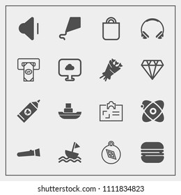 Modern, simple vector icon set with hygiene, sea, volume, yacht, burger, night, south, space, id, clean, direction, east, cosmos, business, nautical, sandwich, health, ocean, ship, sound, snack icons
