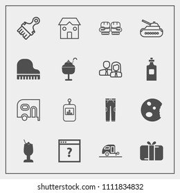 Modern, simple vector icon set with present, clothing, television, food, unknown, fashion, journey, doughnut, car, page, control, construction, celebration, sweet, box, caravan, business, drink icons