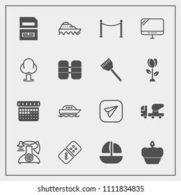 Modern, simple vector icon set with message, play, boat, game, phone, construction, save, web, computer, timetable, email, sea, water, food, yacht, communication, fence, cement, pc, equipment icons