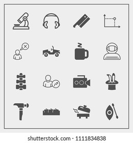 Modern, simple vector icon set with headphone, home, sound, heater, equipment, audio, account, internet, car, online, gym, business, geometry, food, activity, camera, biology, boiler, laboratory icons