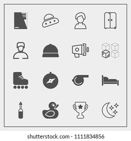 Modern, simple vector icon set with toy, tool, winner, compass, place, star, fun, home, file, equipment, laboratory, duck, skate, space, ship, ufo, female, bed, night, object, child, rubber, sky icons