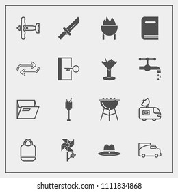 Modern, simple vector icon set with war, bag, cutlery, traffic, plane, paper, style, leather, transport, flower, bbq, knife, barbecue, food, sheriff, hat, file, fork, tv, satellite, aircraft icons