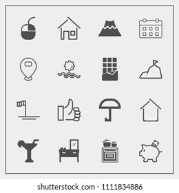 Modern, simple vector icon set with rain, hand, bank, home, drink, ocean, money, mountain, calendar, modern, timetable, blue, weather, lava, beach, food, interior, mouse, finance, martini, coin icons