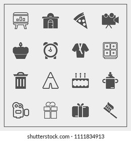 Modern, simple vector icon set with video, equipment, camera, building, nutrition, garbage, business, bottle, travel, dessert, chart, celebration, screen, pizza, giftbox, house, film, cake, gift icons