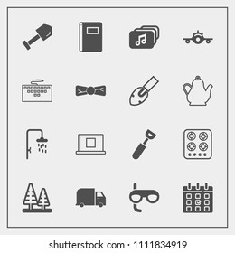 Modern, simple vector icon set with book, nature, forest, cook, scuba, airplane, internet, plane, spoon, gas, shower, kitchen, landscape, cooking, notebook, delivery, music, page, construction icons