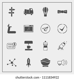 Modern, simple vector icon set with way, atom, food, night, elegance, money, business, transport, coffee, truck, delivery, technology, telescope, communication, air, machine, megaphone, sport icons
