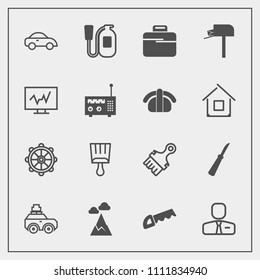 Modern, simple vector icon set with employer, equipment, paint, vehicle, saw, travel, box, fire, ship, transportation, white, rudder, nature, brush, luggage, emergency, mountain, briefcase, bag icons