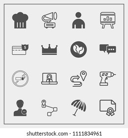 Modern, simple vector icon set with record, parasol, video, hand, weather, addiction, delete, navigation, point, location, map, equipment, man, award, gramophone, no, protection, technology, boy icons