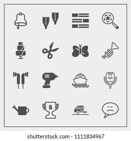Modern, simple vector icon set with ring, message, drill, industry, summer, vacation, travel, place, water, song, equipment, underwater, voice, journey, trailer, karaoke, audio, internet, find icons