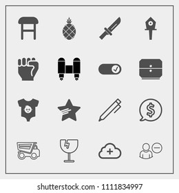 Modern, simple vector icon set with user, interior, account, pen, frame, home, dumper, knife, internet, hand, clothing, tag, baby, crash, star, education, tipper, fork, fruit, circle, clothes icons