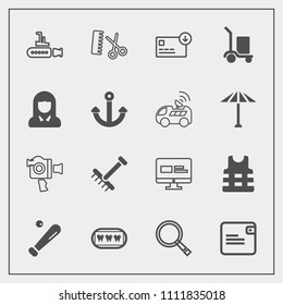 Modern, simple vector icon set with raking, marine, dollar, film, money, search, bag, website, sport, boat, wallet, ball, business, jacket, salon, dentist, healthy, cargo, league, handle, rake icons