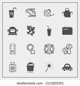 Modern, simple vector icon set with pinafore, white, meal, baggage, food, wand, touch, helicopter, dinner, button, tape, customer, magic, hand, airport, transport, automobile, nature, friction icons
