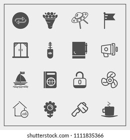 Modern, simple vector icon set with nature, cool, real, axe, drink, construction, board, wind, passport, tourism, unlock, pink, travel, cafe, property, air, price, fan, spring, house, concept icons