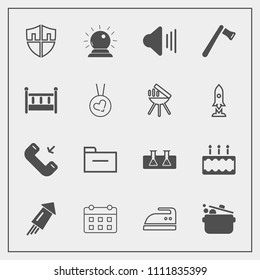 Modern, simple vector icon set with pie, celebration, call, audio, cake, test, event, construction, sorcery, security, time, button, food, day, protection, music, festival, laboratory, calendar icons