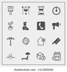 Modern, simple vector icon set with home, surf, campfire, sunbed, beach, backpack, weight, culture, ocean, support, call, sand, axe, paintbrush, bonfire, favorite, flame, help, operator, summer icons