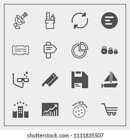 Modern, simple vector icon set with trolley, coupon, retail, office, planet, work, concept, menu, refresh, arrow, stationery, communication, space, sport, satellite, toy, button, computer, meat icons