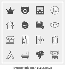 Modern, simple vector icon set with exit, envelope, outdoor, toilet, sign, animal, curtain, door, hygiene, camp, flower, message, adventure, health, letter, antenna, queen, blossom, escape, care icons