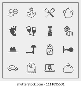 Modern, simple vector icon set with umbrella, delete, sea, user, oar, monster, character, call, spice, taxi, hat, video, communication, water, anchor, boat, key, cartoon, car, transportation icons