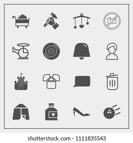 Modern, simple vector icon set with bin, mobile, mouth, fashion, tent, recycling, outdoor, adventure, restaurant, dental, sand, shirt, camp, female, garbage, builder, toy, plastic, industry, bed icons