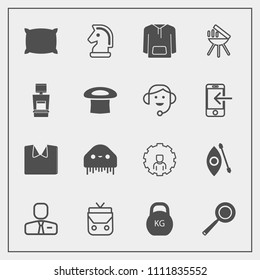 Modern, simple vector icon set with kilogram, water, white, bag, internet, river, pan, utensil, leather, fiction, activity, game, people, pillow, kayaking, kitchen, job, monster, ufo, account icons