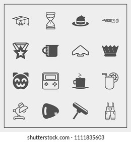 Modern, simple vector icon set with button, style, education, juice, graduation, school, cup, uniform, cafe, sand, clock, interior, cocktail, hour, home, college, fashion, brush, work, hourglass icons