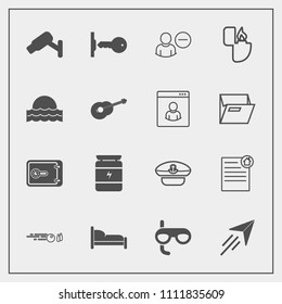 Modern, simple vector icon set with home, safe, flame, nutrition, travel, fire, fitness, sailor, security, camera, bed, hit, user, plane, safety, hobby, cap, real, key, object, captain, flight icons